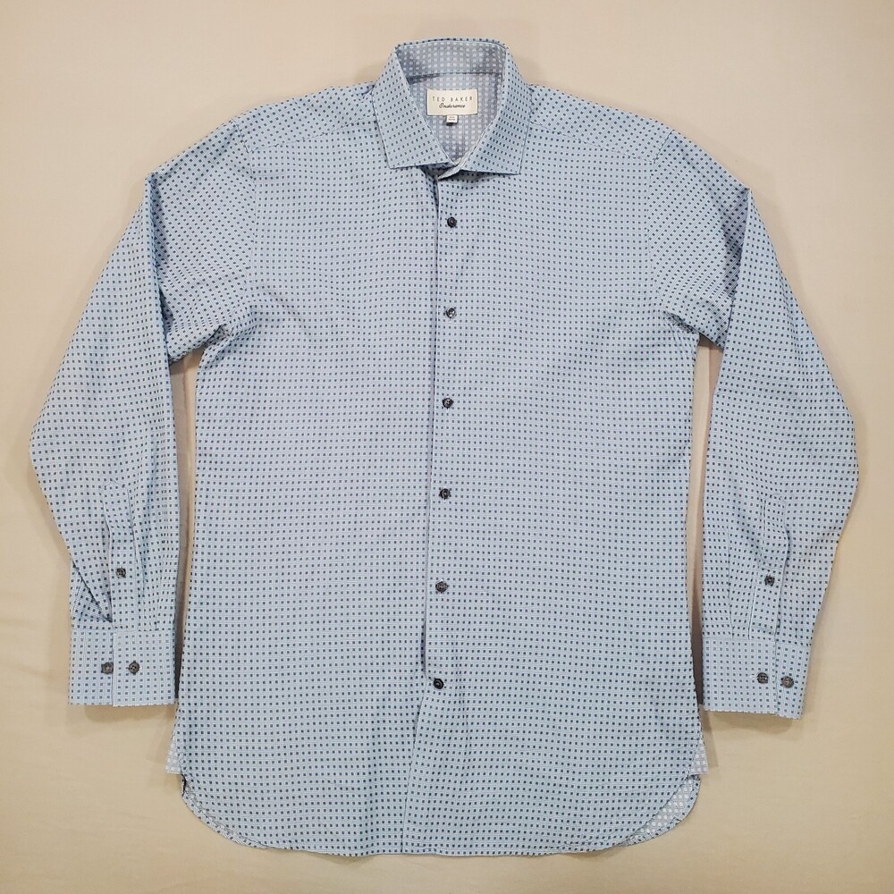 Ted Baker Endurance Dress Shirt Men 15.5 32/33 Slim Fit Blue Gray Textured Woven